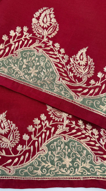 Lightweight Pure Tussar Silk Saree | Zardosi Pita Zari Work | Maroon | Hand Embroidery | Ships from California
